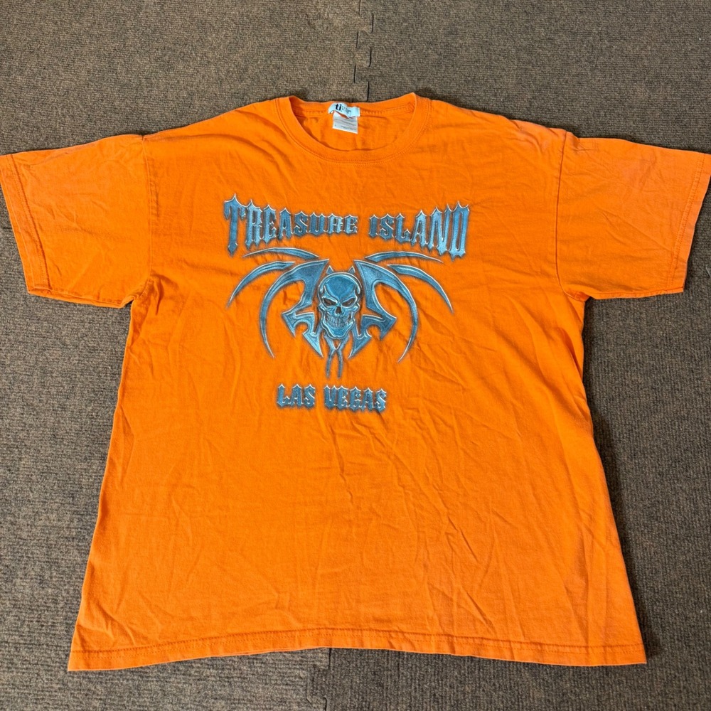 Vintage Treasure Island Las Vegas Skull Graphic T-Shirt‎ Orange Mens Large